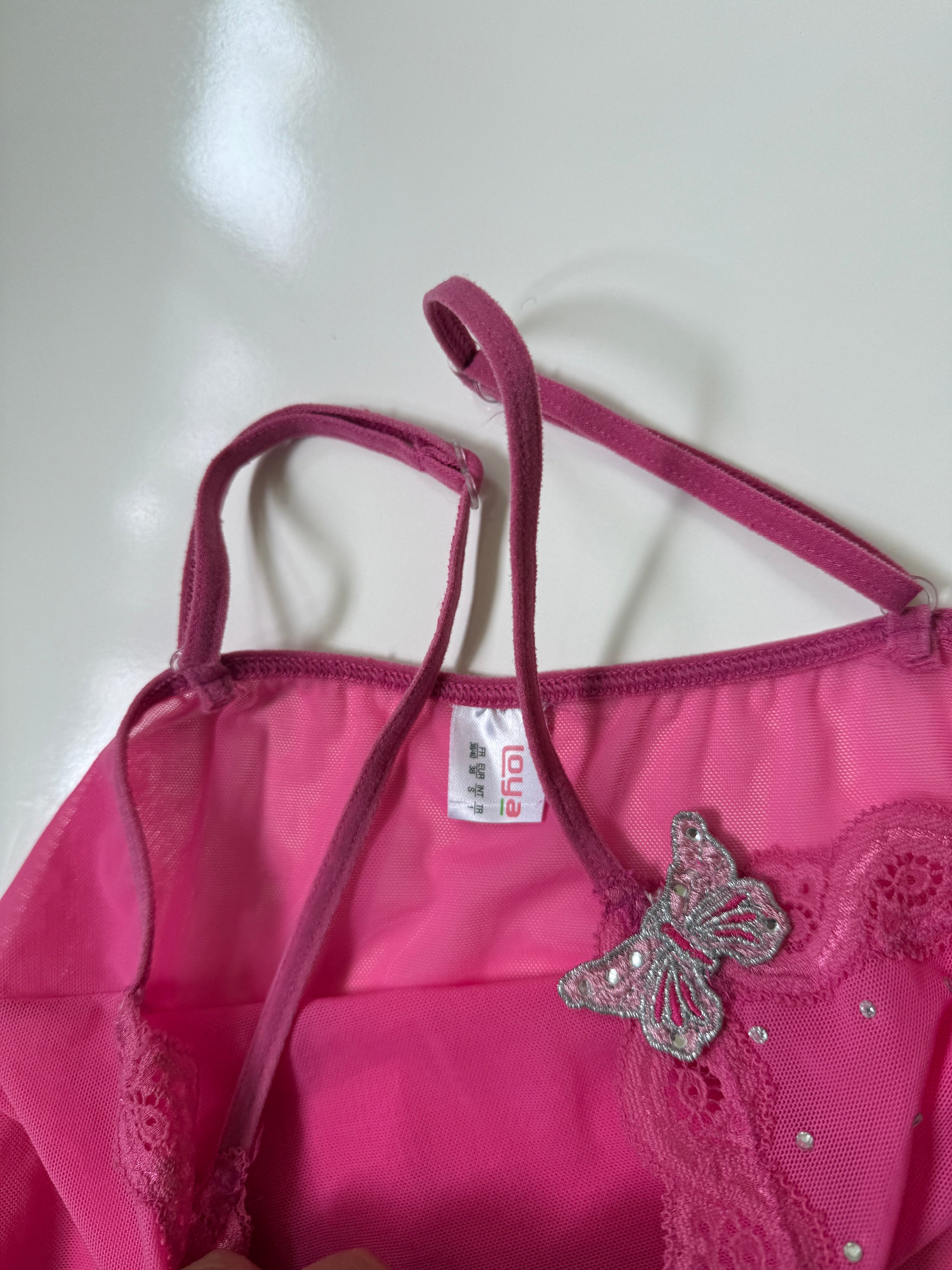 00's Hot pink mesh cami w butterfly motif • Size XS/S