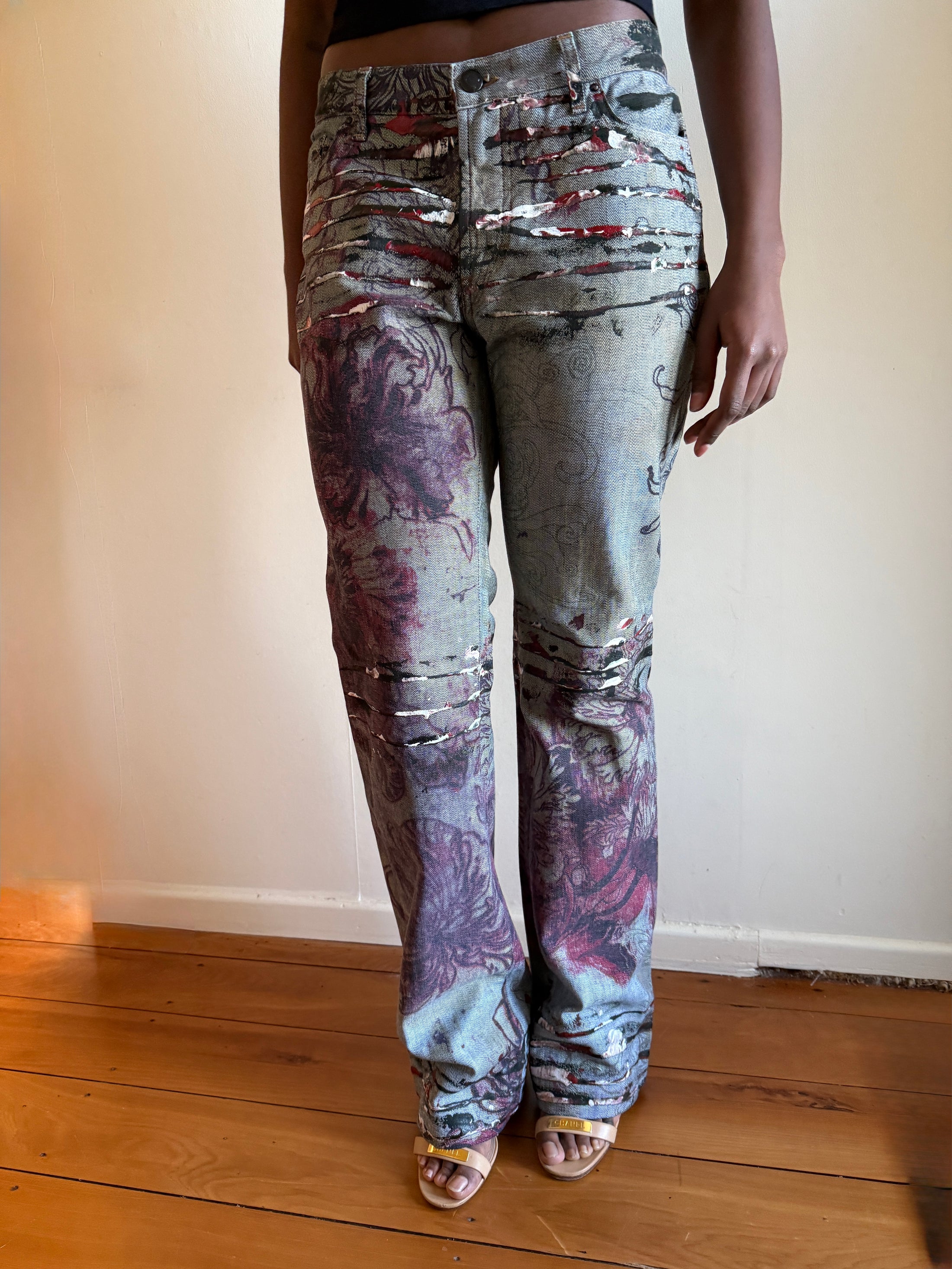 RARE 00's Cavalli pattern/hand painted jeans• Size 10