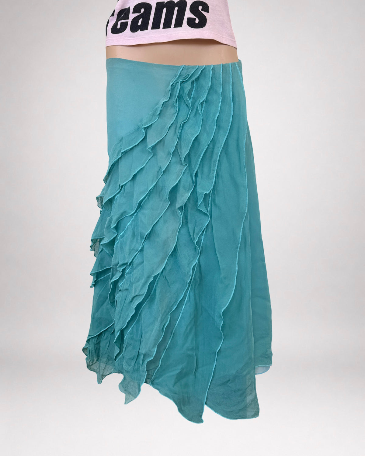 NZ 00s teal sheer ruffle midi • Size 10