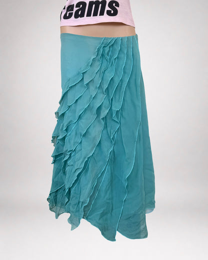 NZ 00s teal sheer ruffle midi • Size 10