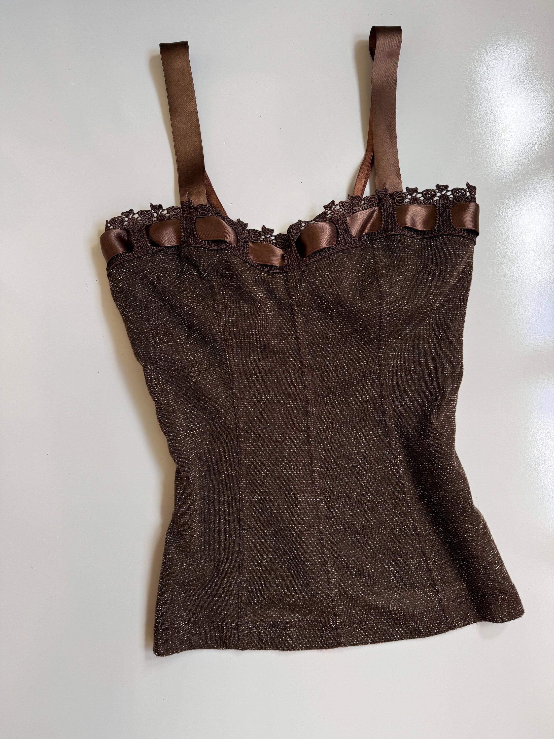 00's Brown shimmer bustier w ribbon • Size S