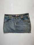 Load image into Gallery viewer, 00's Embroidered heart diamante denim mini • Size 8
