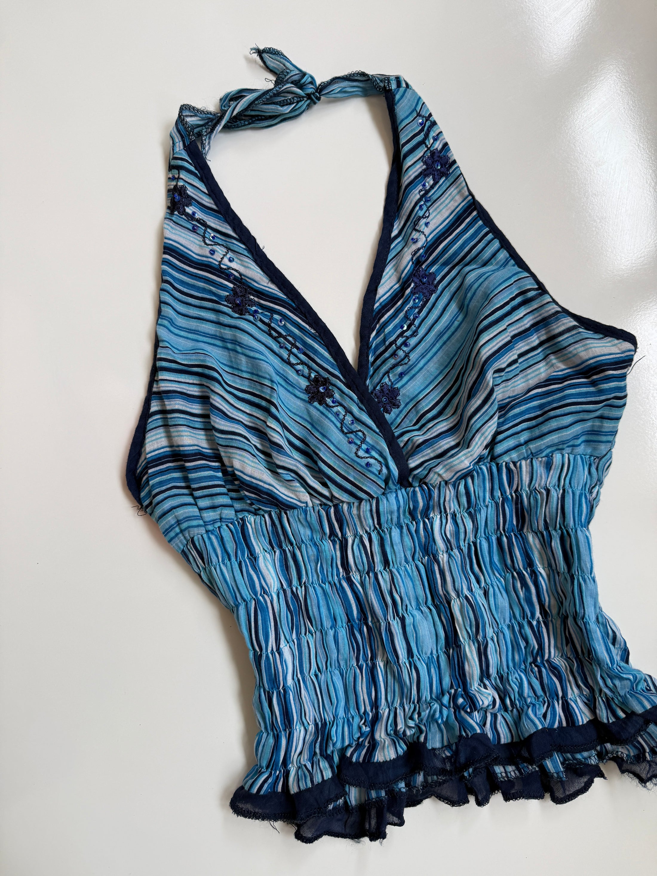 00's Striped ruched embroidered halter w diamantes • Size S