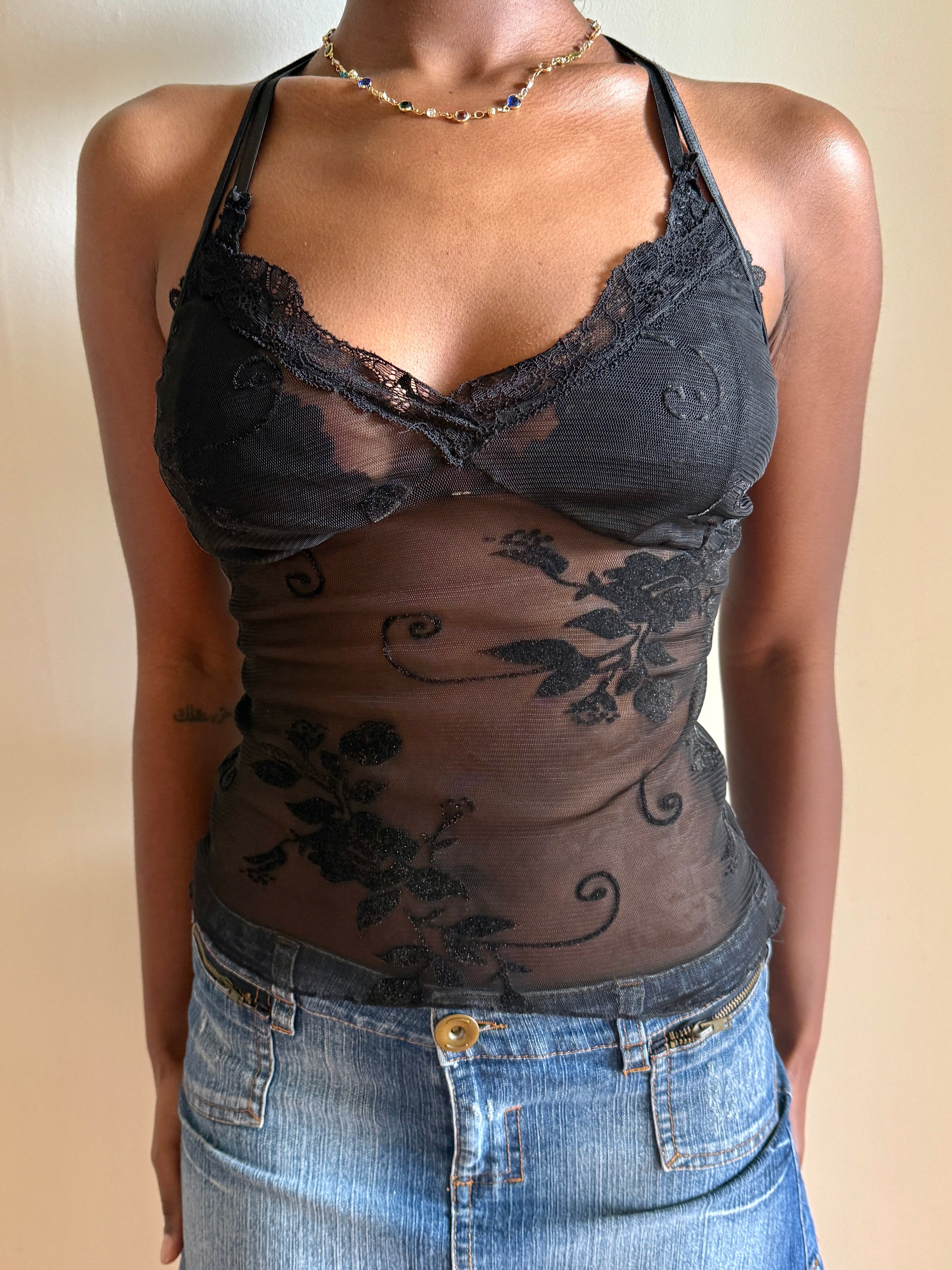 00's Mesh velvet imprint pattern halter w lace trim • Size S