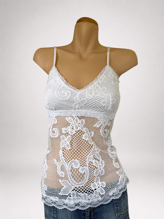 00's Embroidered woven cami w lace trim • Size M/L
