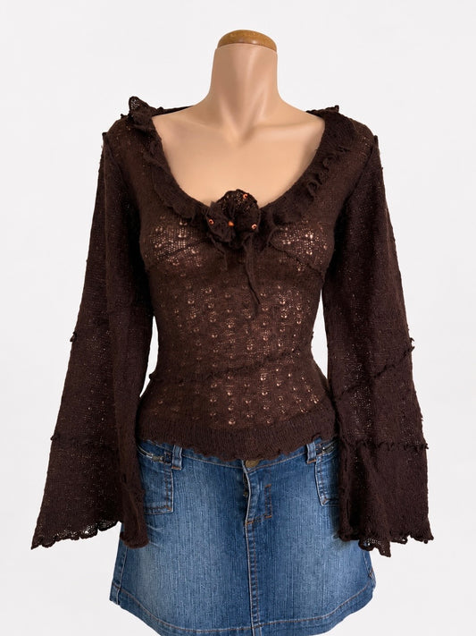 00's Mohair blend bell sleeve knit w flower • Size M