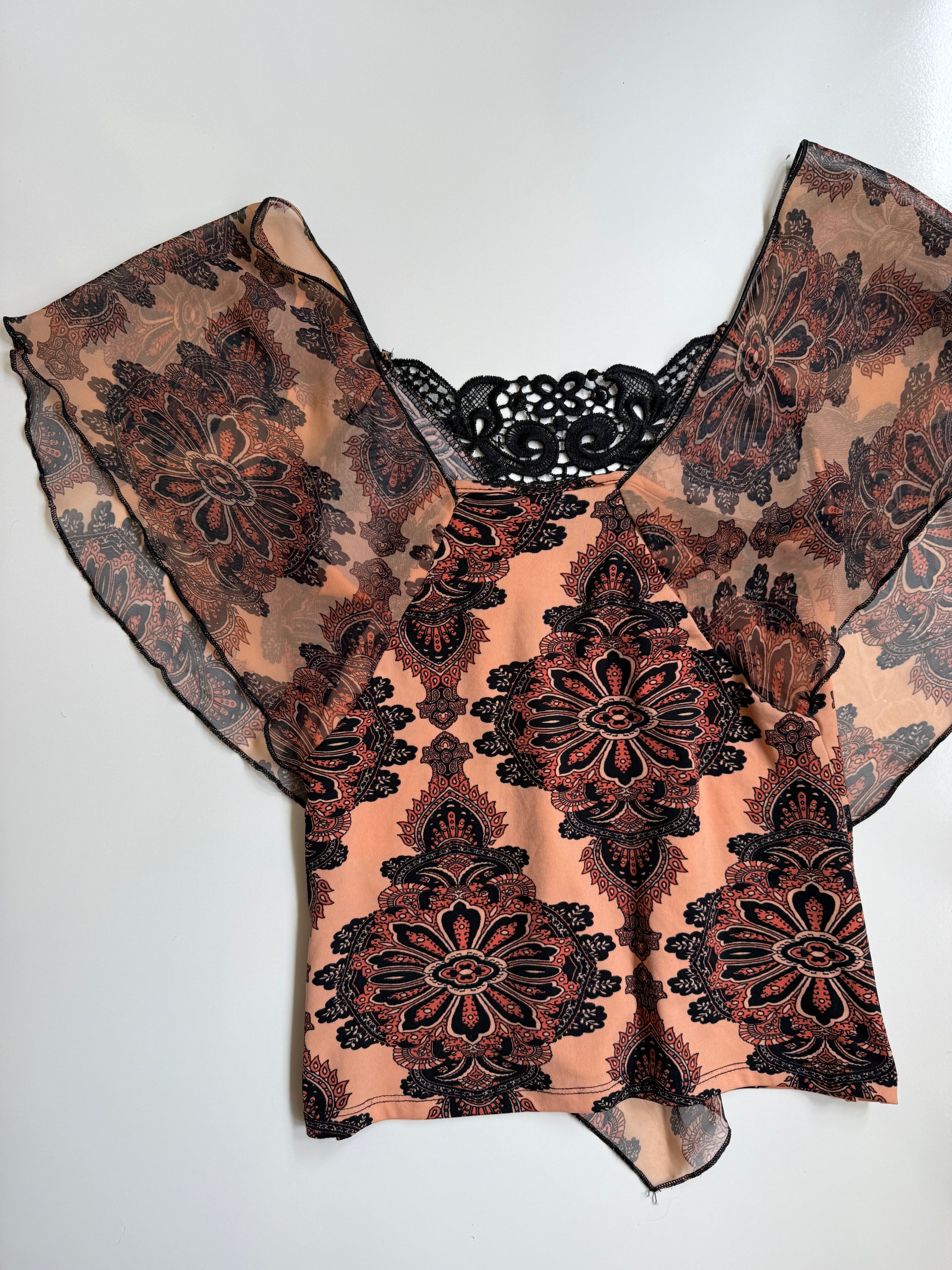 00's Morgan pattern sheer butterfly wings top • Size S