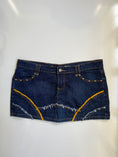 Load image into Gallery viewer, 00's Studded denim micro mini w embroidered back pockets • Size 10
