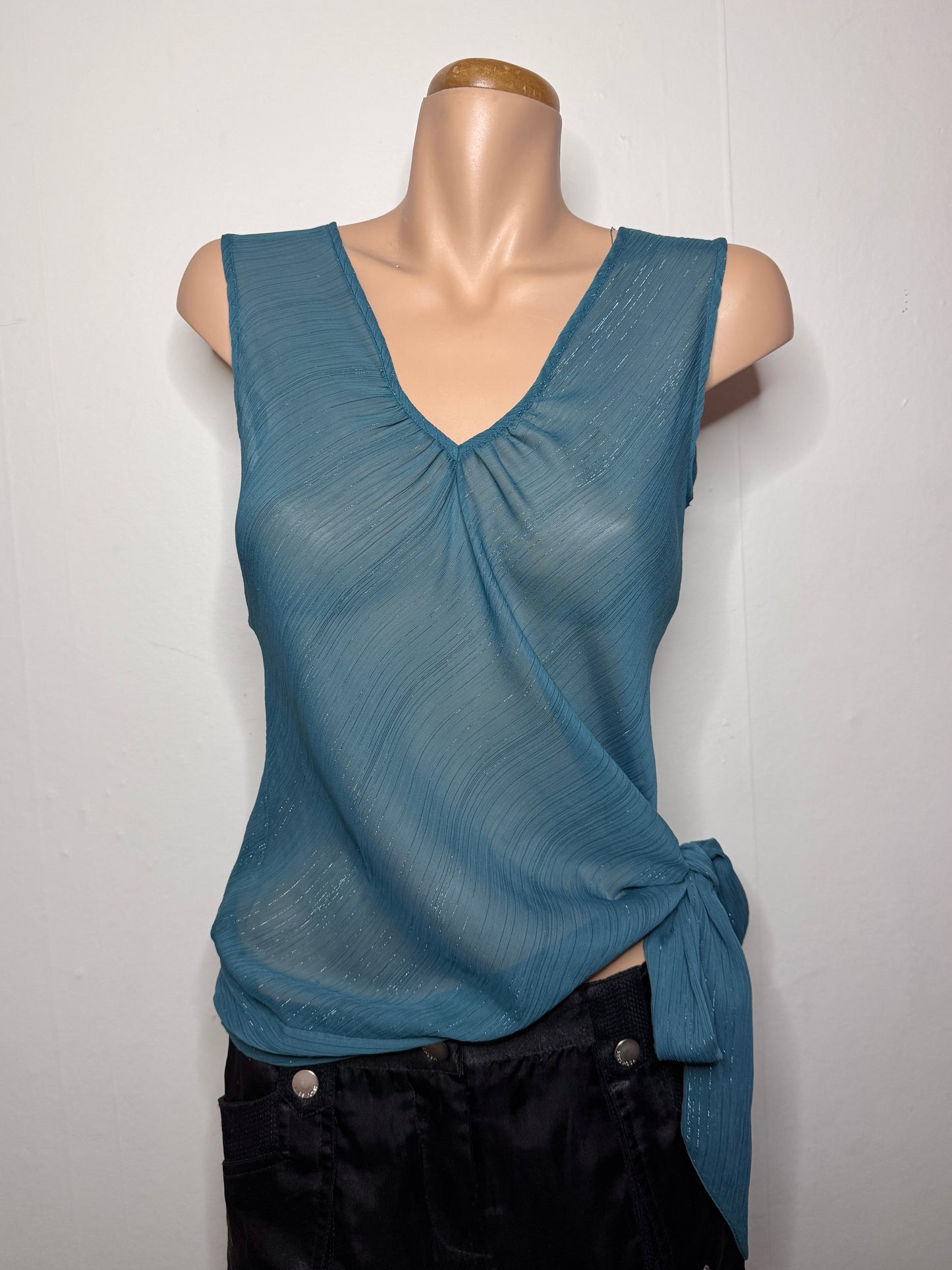 00's Teal shimmer sheer tank w tie detail • Size S