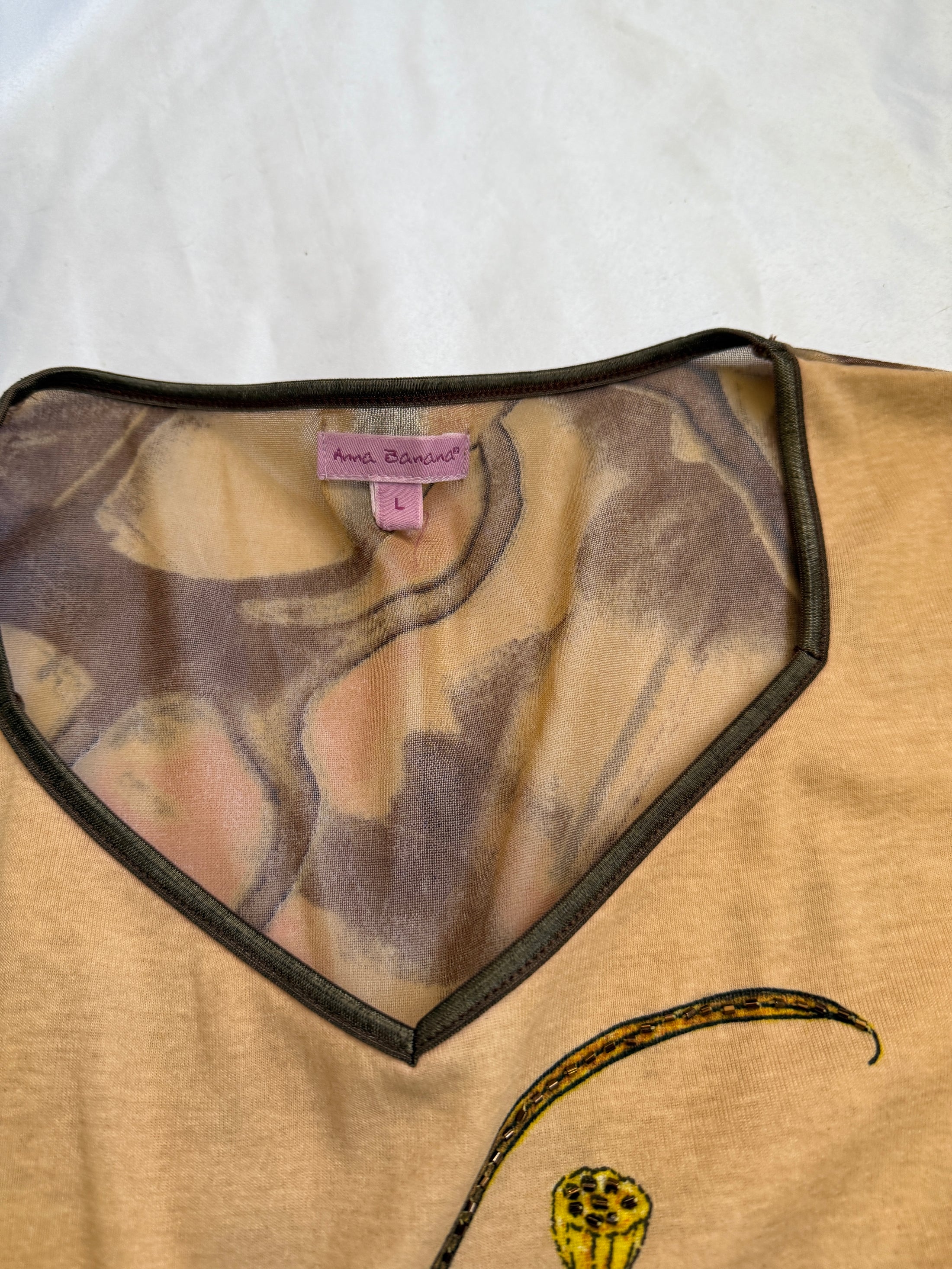 00's Ana Banana print beaded mesh cotton long sleeve • Size L