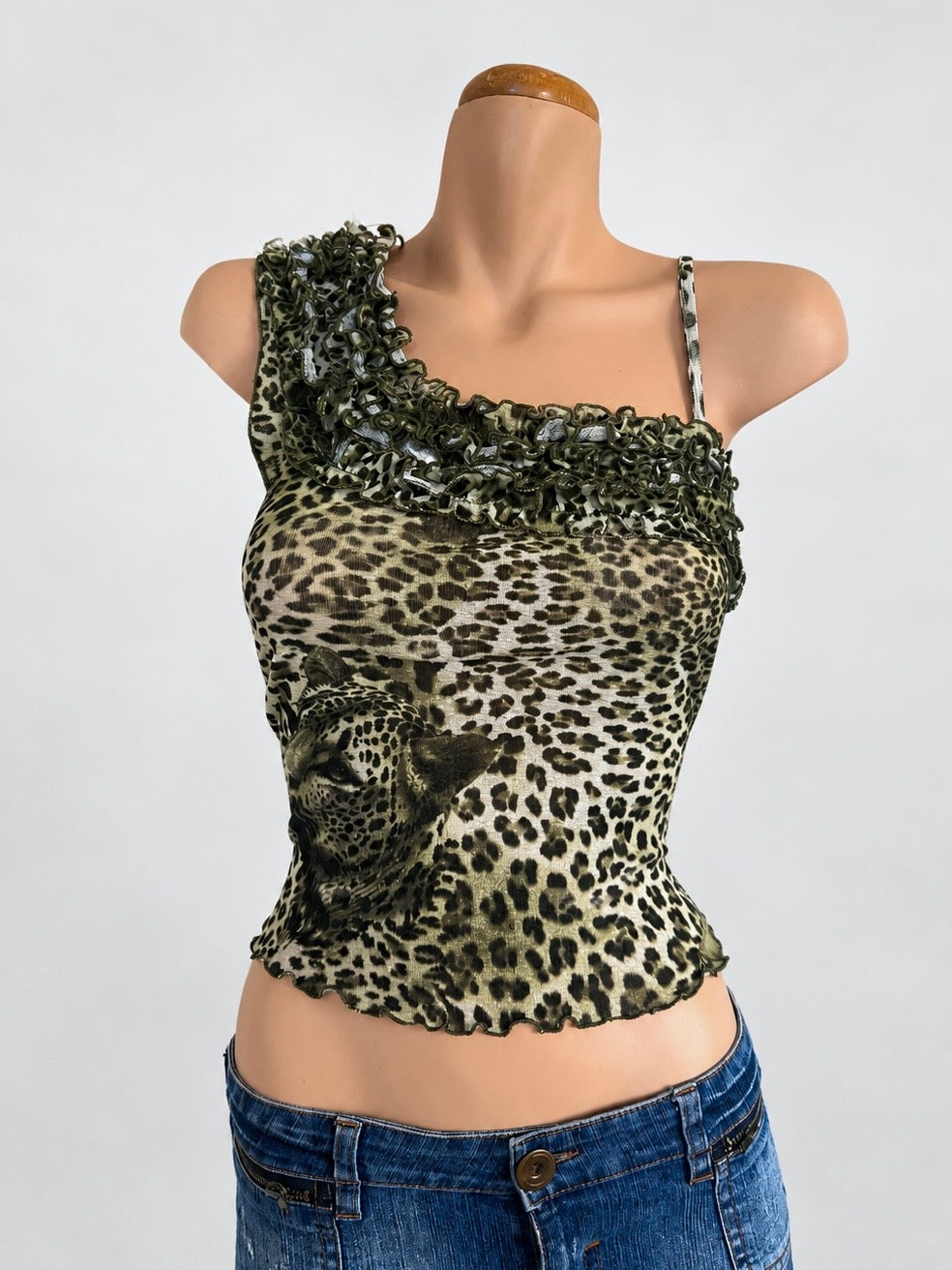 00's Mesh animal print one shoulder top • Size S