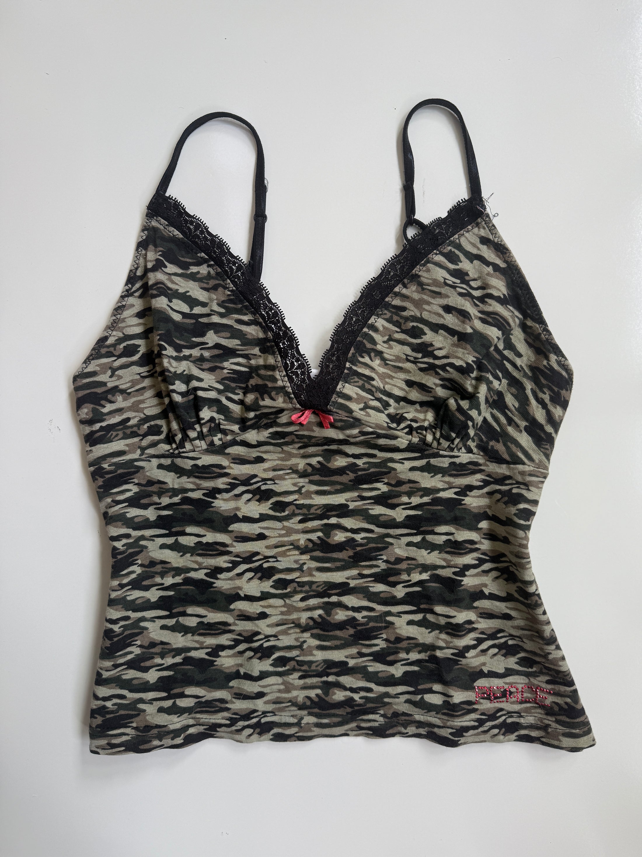 00's Jennyfer Camo cotton cami w lace trim • Size M