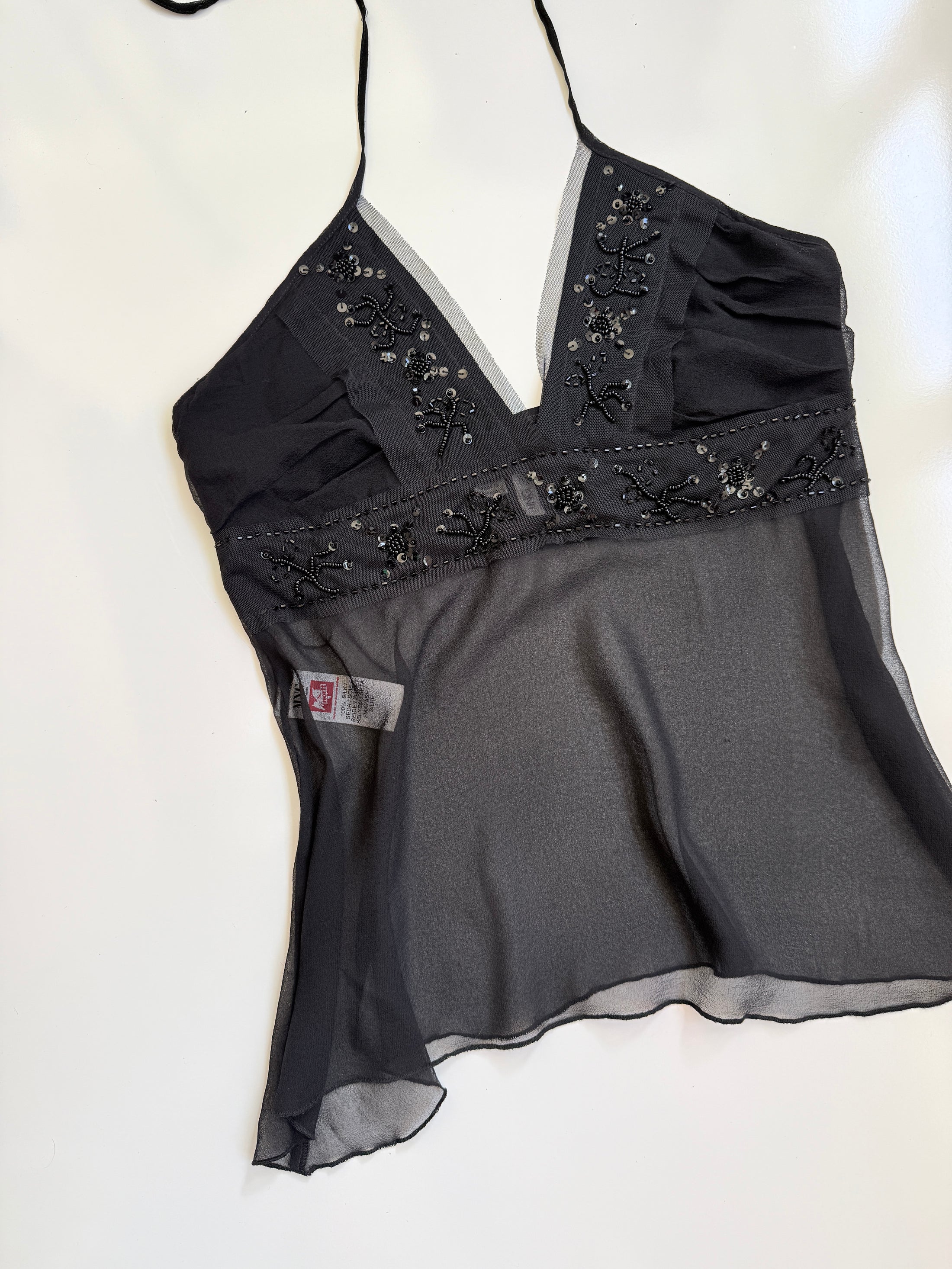 00's Mango sheer silk beaded halter *Black • Size M