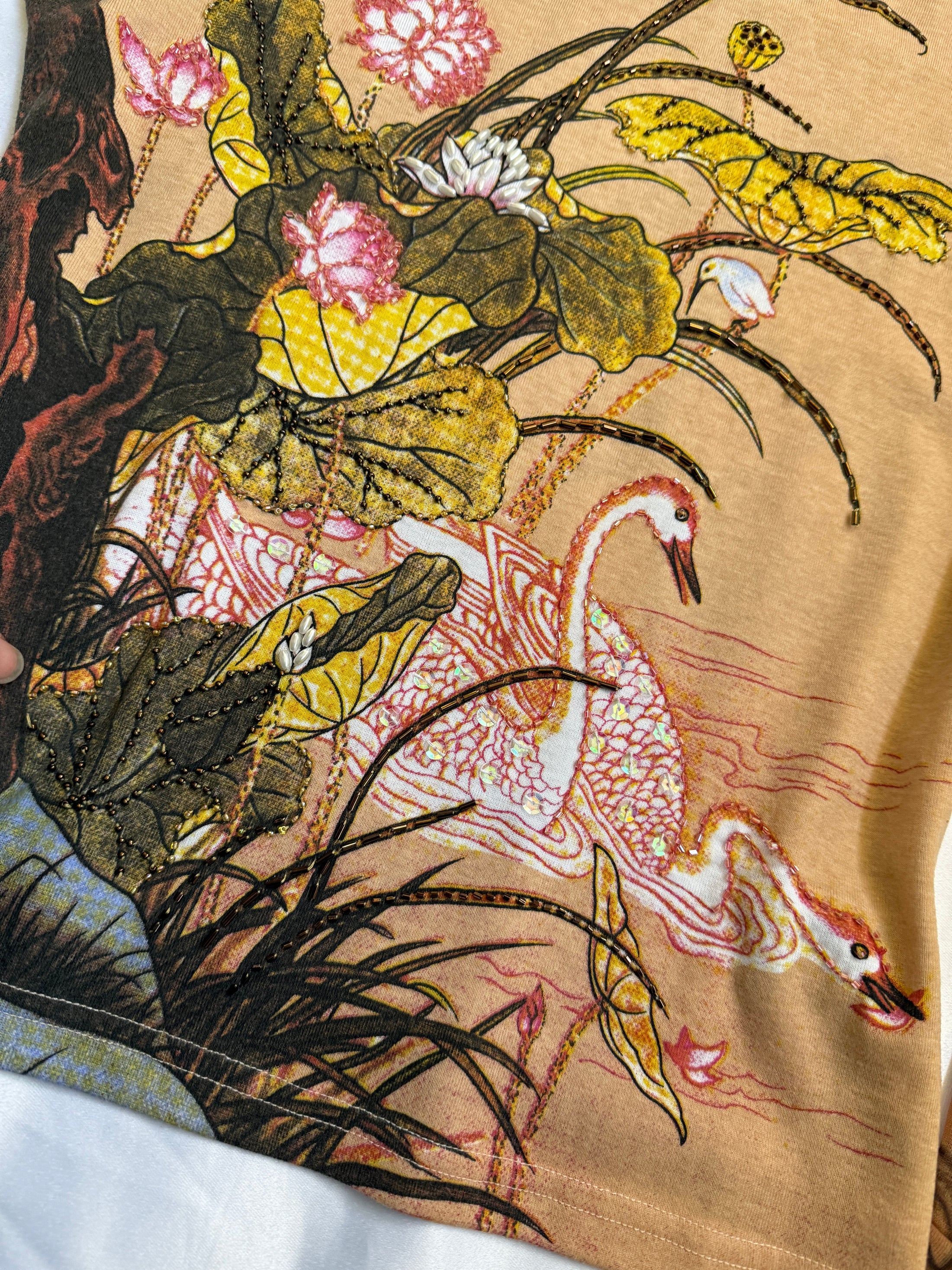 00's Ana Banana print beaded mesh cotton long sleeve • Size L