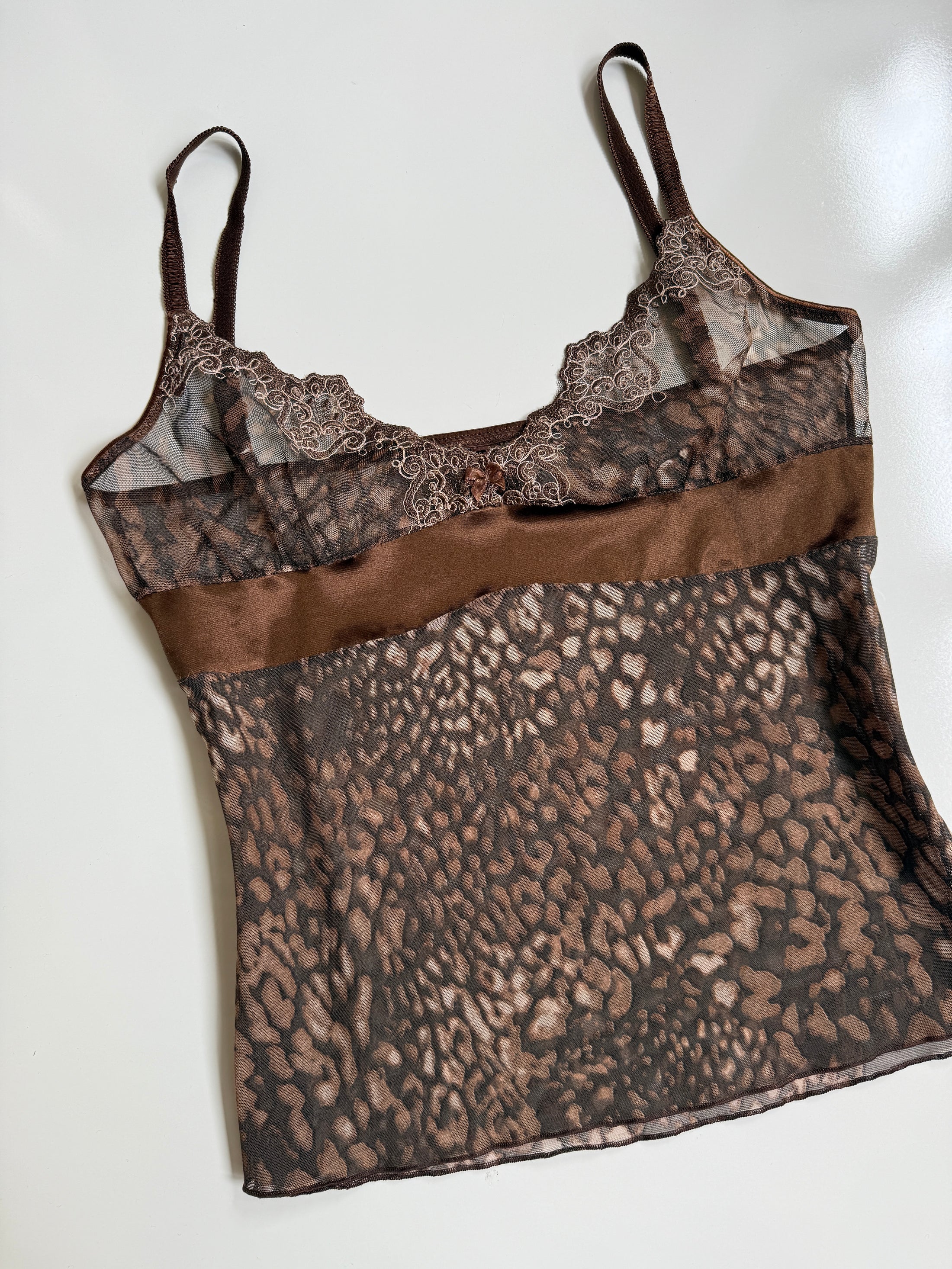 00's Leopard mesh cami w satin ribbon • Size L