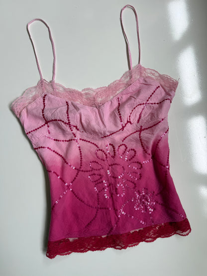 00's Cotton sequin cami w lace trim • Size L