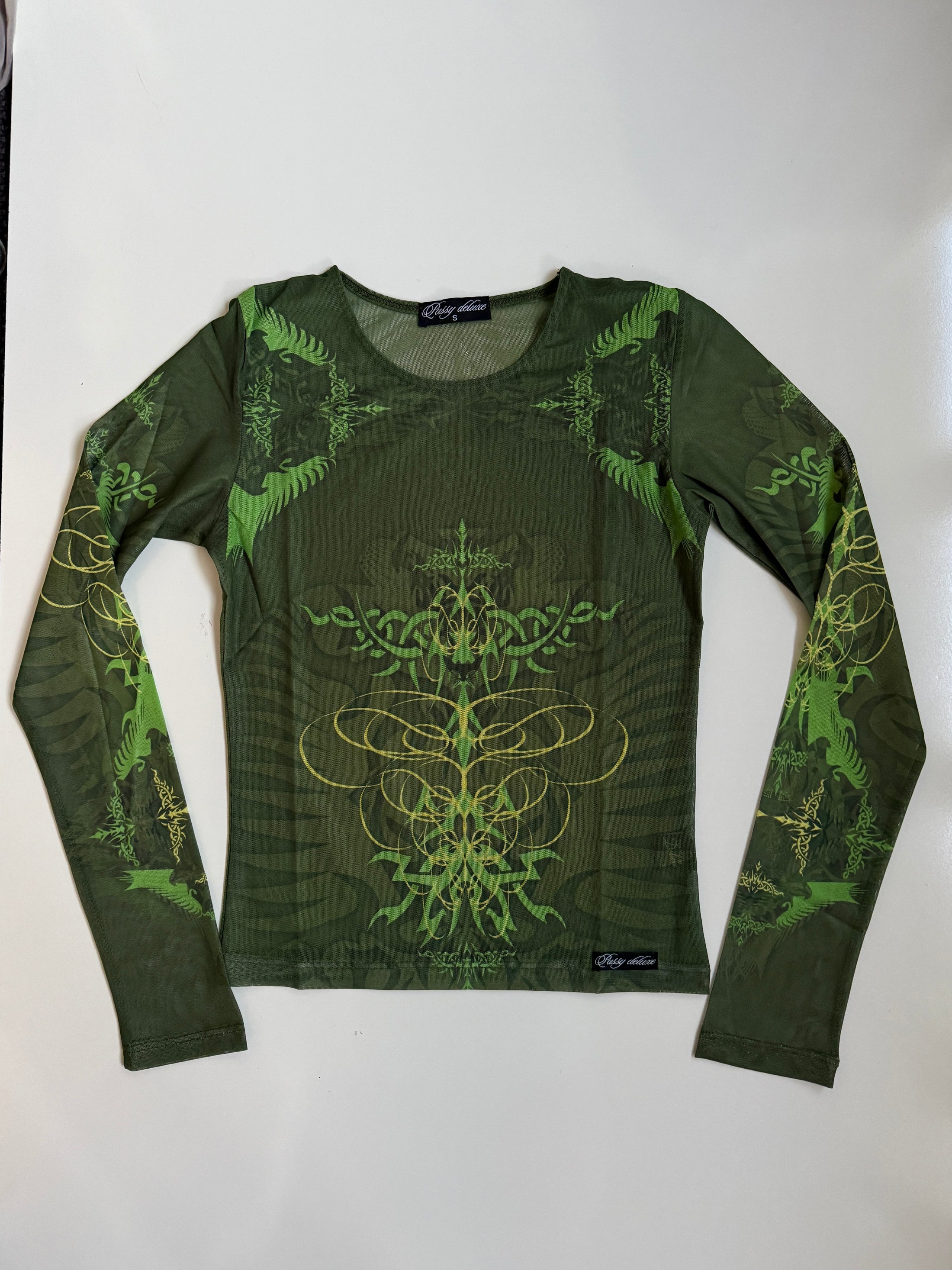00's Pussy Deluxe khaki mesh print long sleeve • Size S