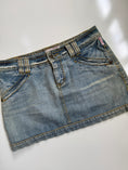 Load image into Gallery viewer, 00's Embroidered heart diamante denim mini • Size 8
