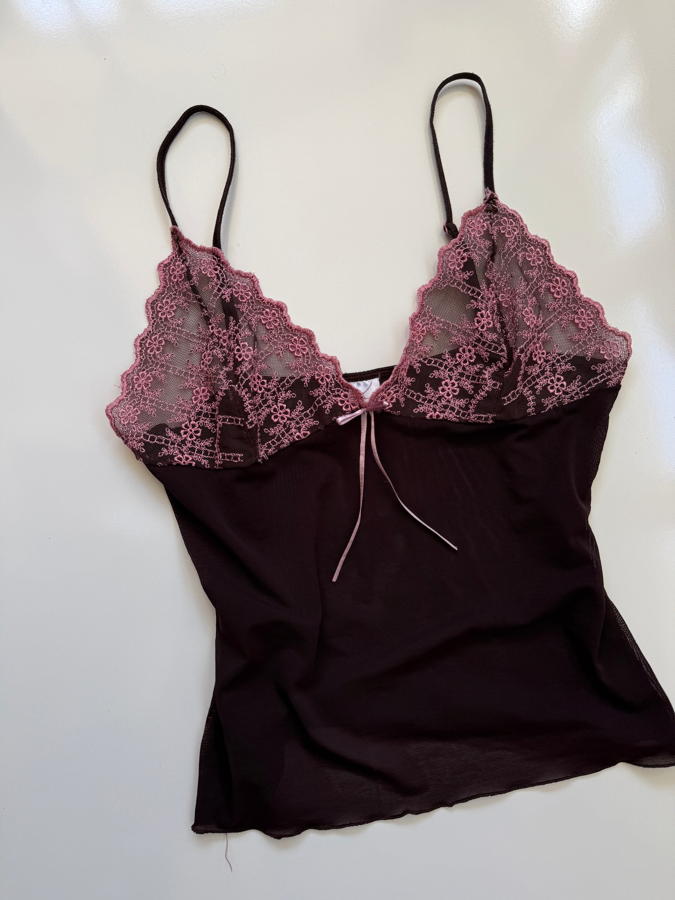 00's Brown pink mesh embroidered cami • Size M