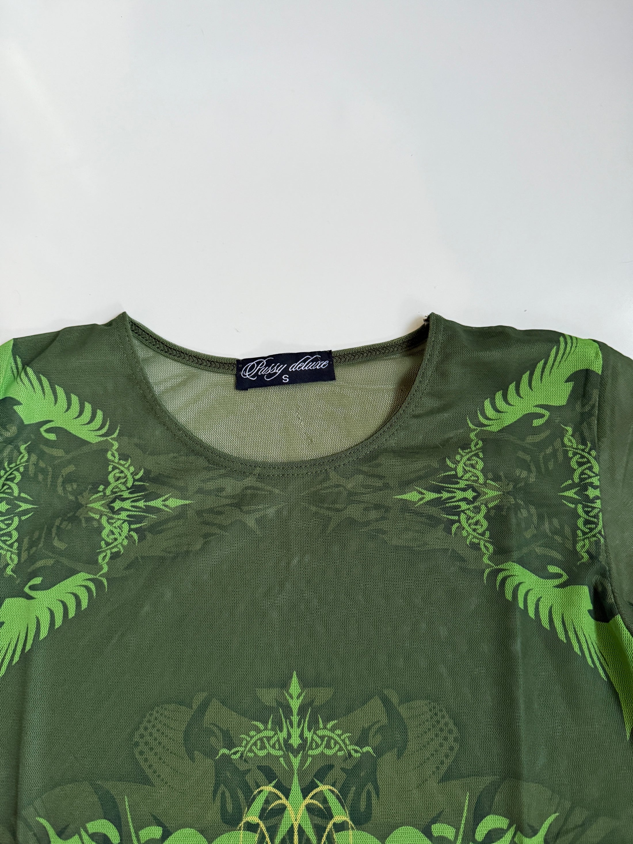 00's Pussy Deluxe khaki mesh print long sleeve • Size S