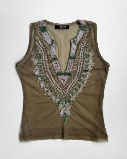 00s Morgan embellished beaded mesh tank • Size S
