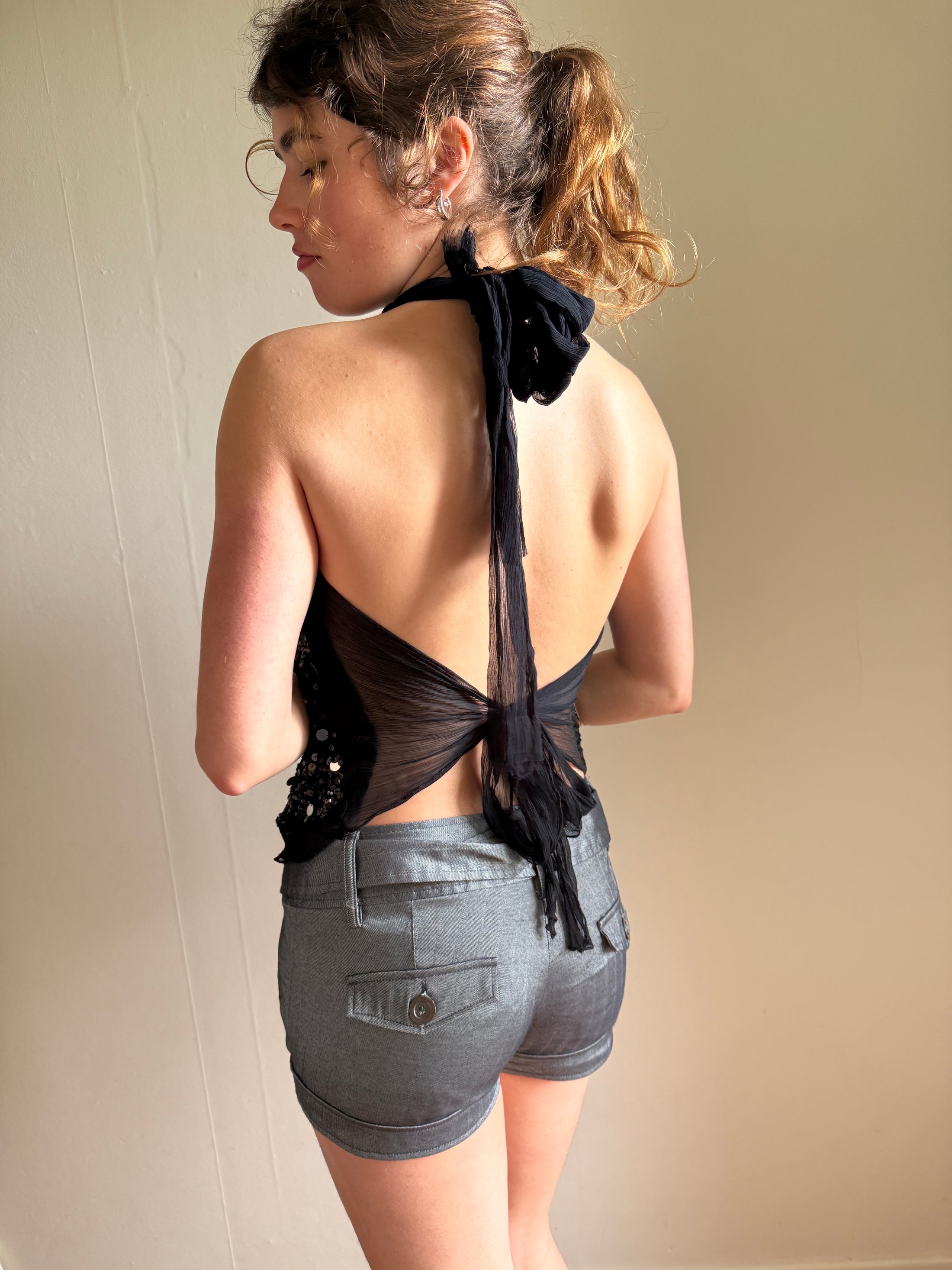 00's Morgan silk sequin backless halter• Size S-M