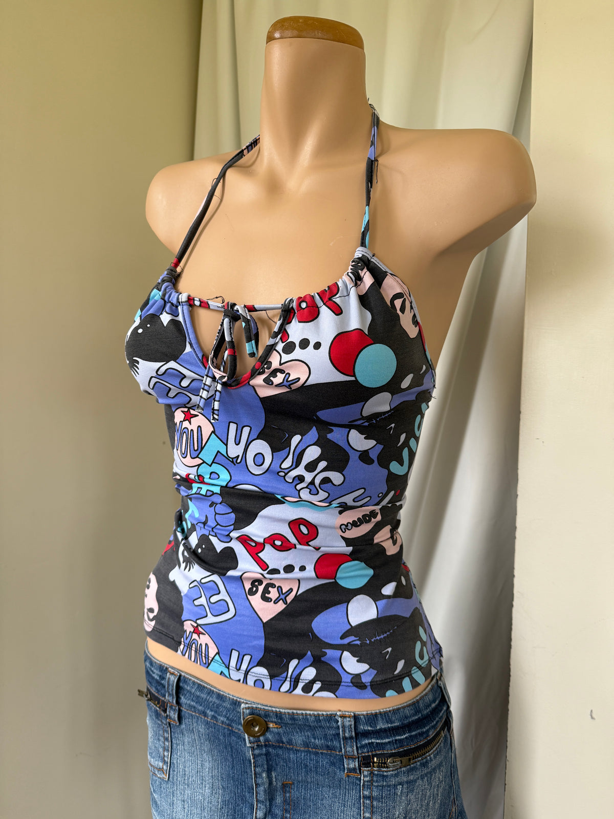 Spanish 00s pop-art backless tie halter • Size S/M