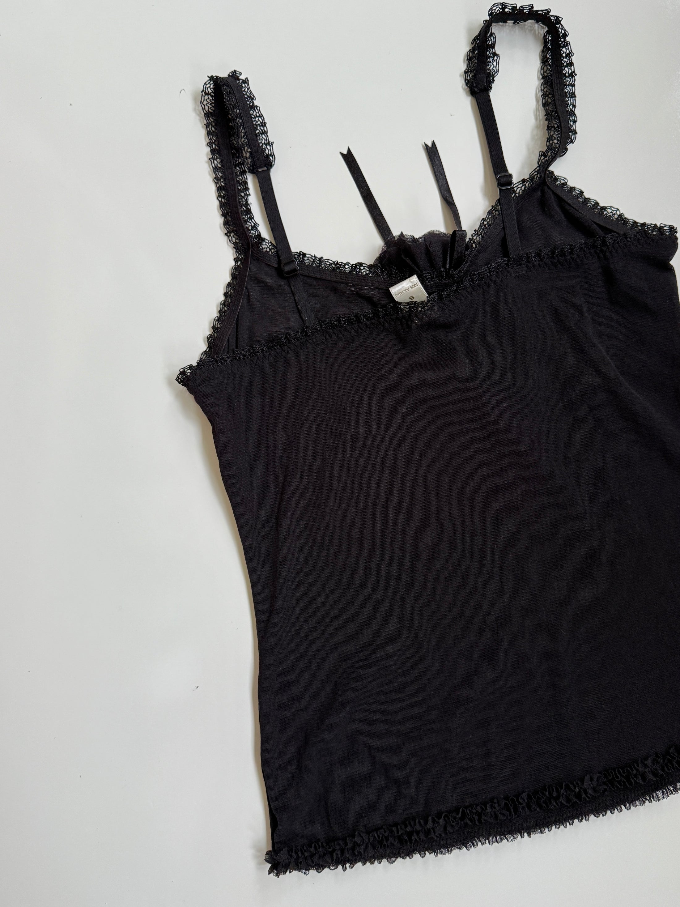 00's Black mesh cami w ribbon flower motif • Size S