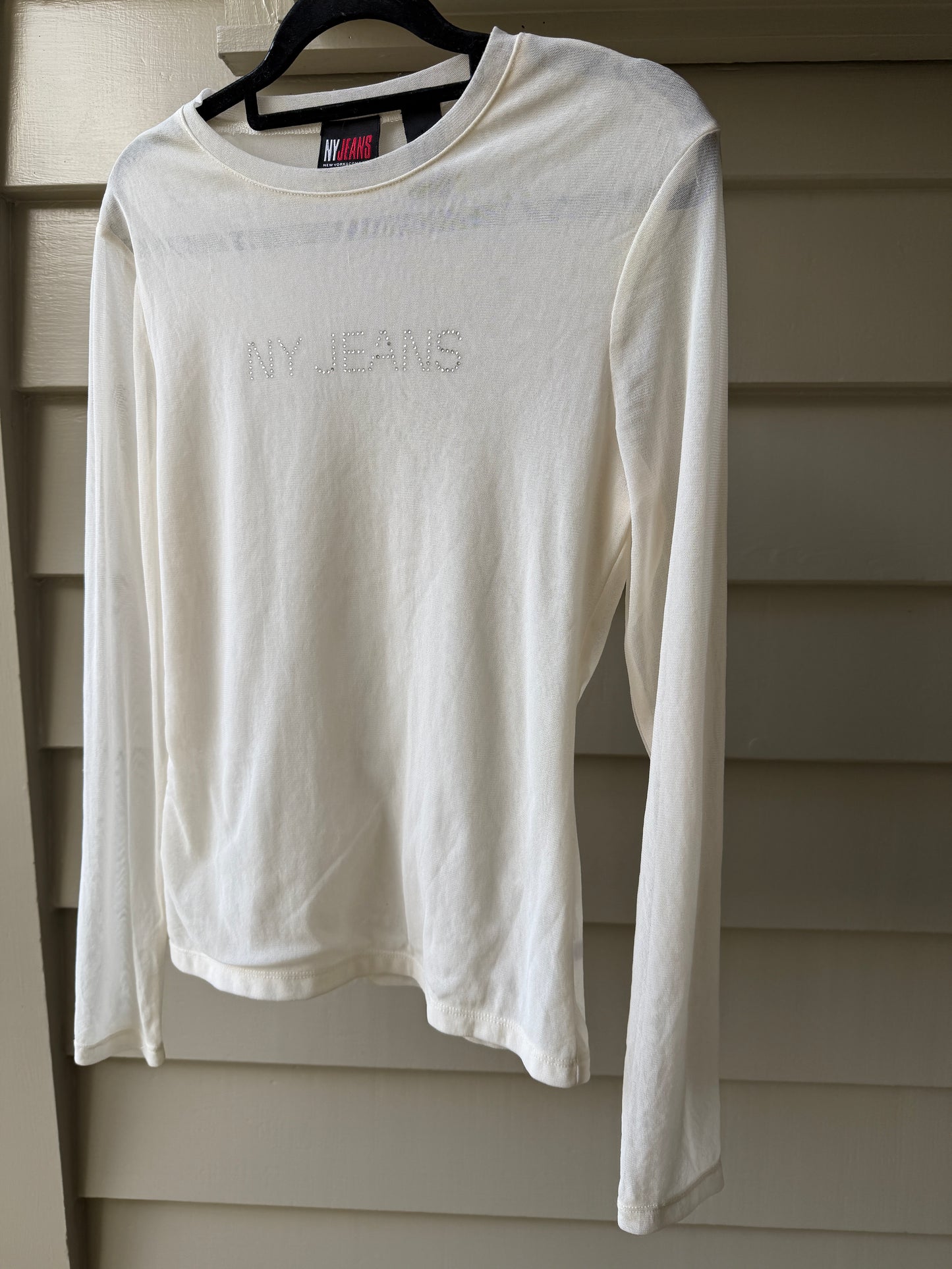 00's 'NY Jeans' diamante mesh longsleeve • Size S/M