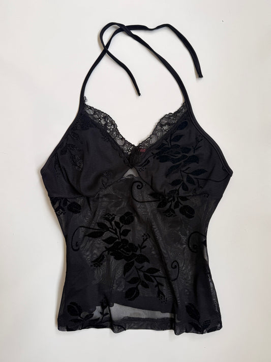 Deadstock 00's mesh velvet imprinted halter • Size M
