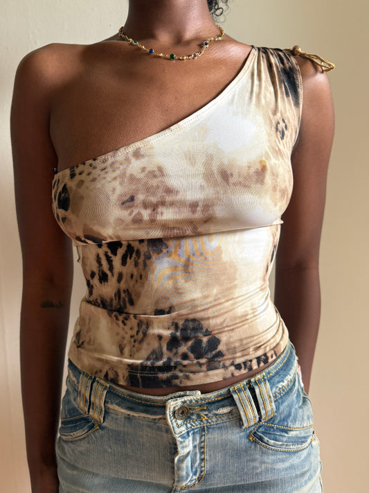 00's Mango leopard print one shoulder top w beade• Size Sd/suede detail