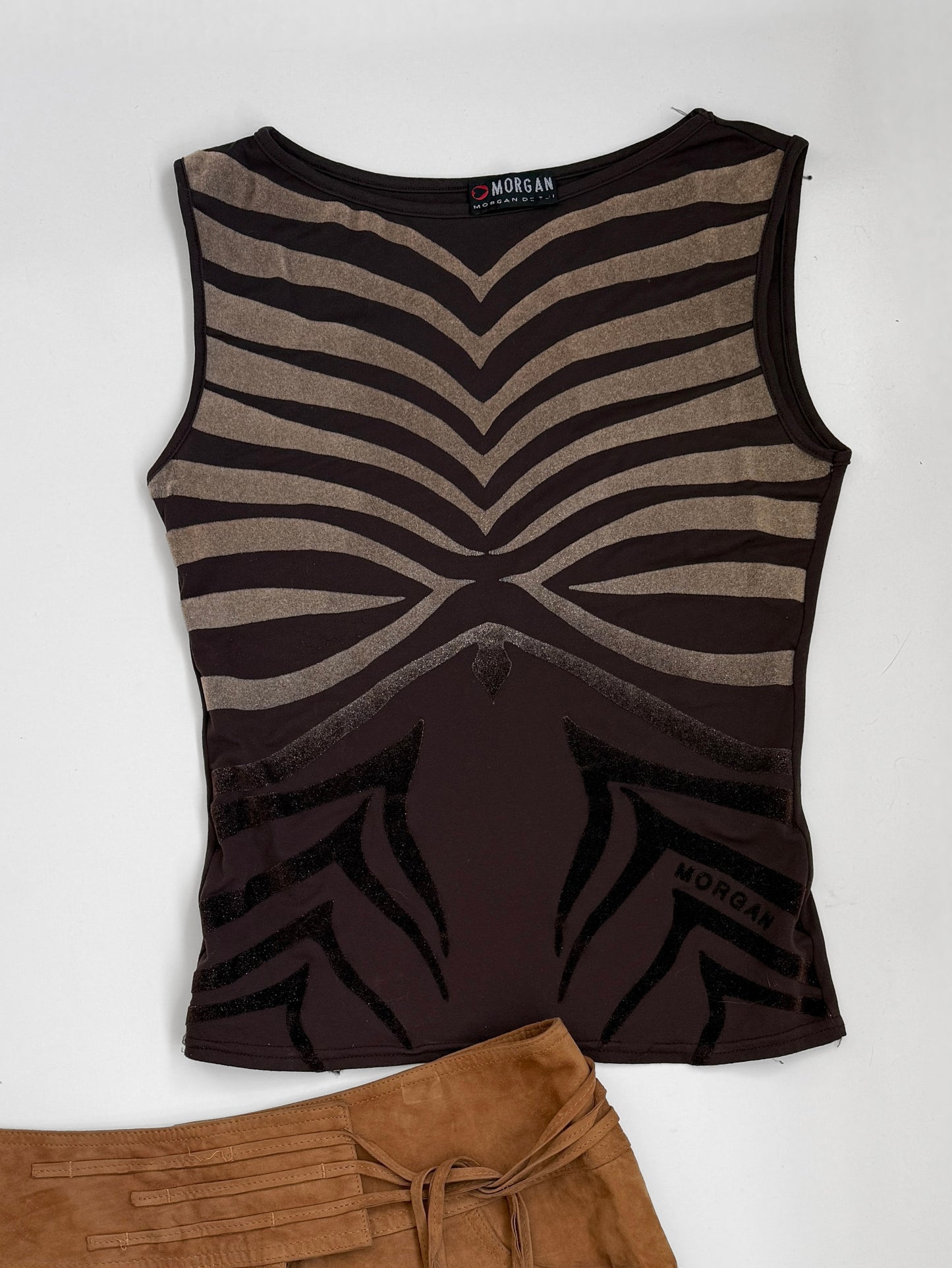 00's Morgan brown mesh tank w velvet patterns • Size S