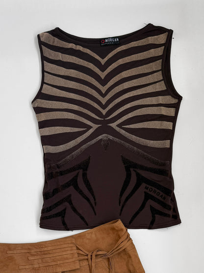 00's Morgan brown mesh tank w velvet patterns • Size S