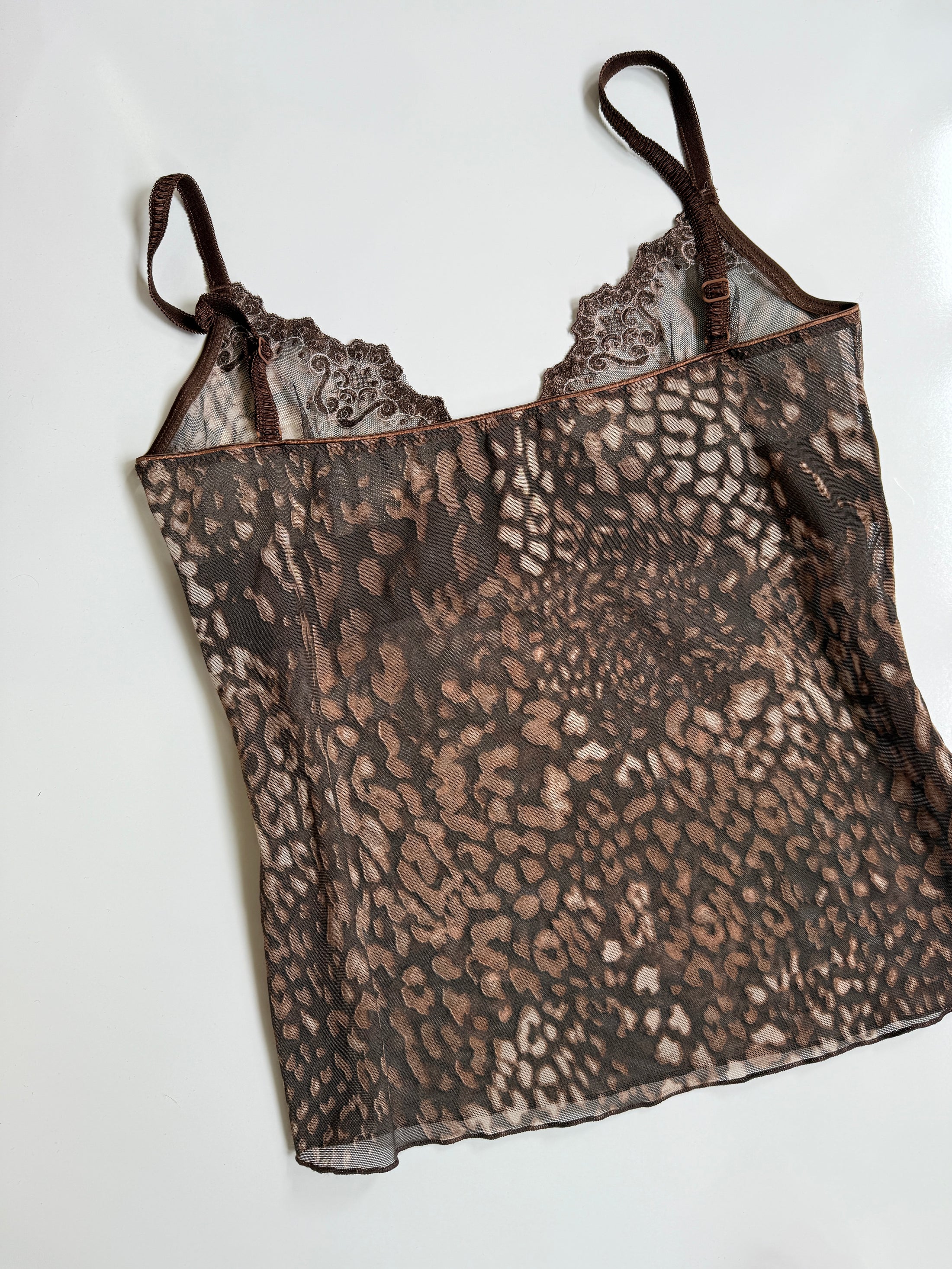 00's Leopard mesh cami w satin ribbon • Size L