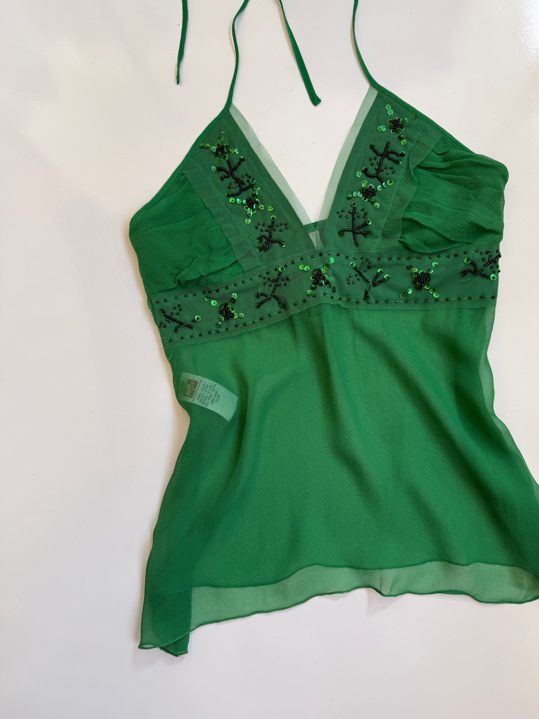 00's Mango sheer silk beaded halter *Green • Size S