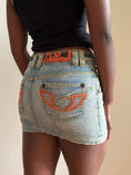 Load image into Gallery viewer, 00's Embroidered heart diamante denim mini • Size 8
