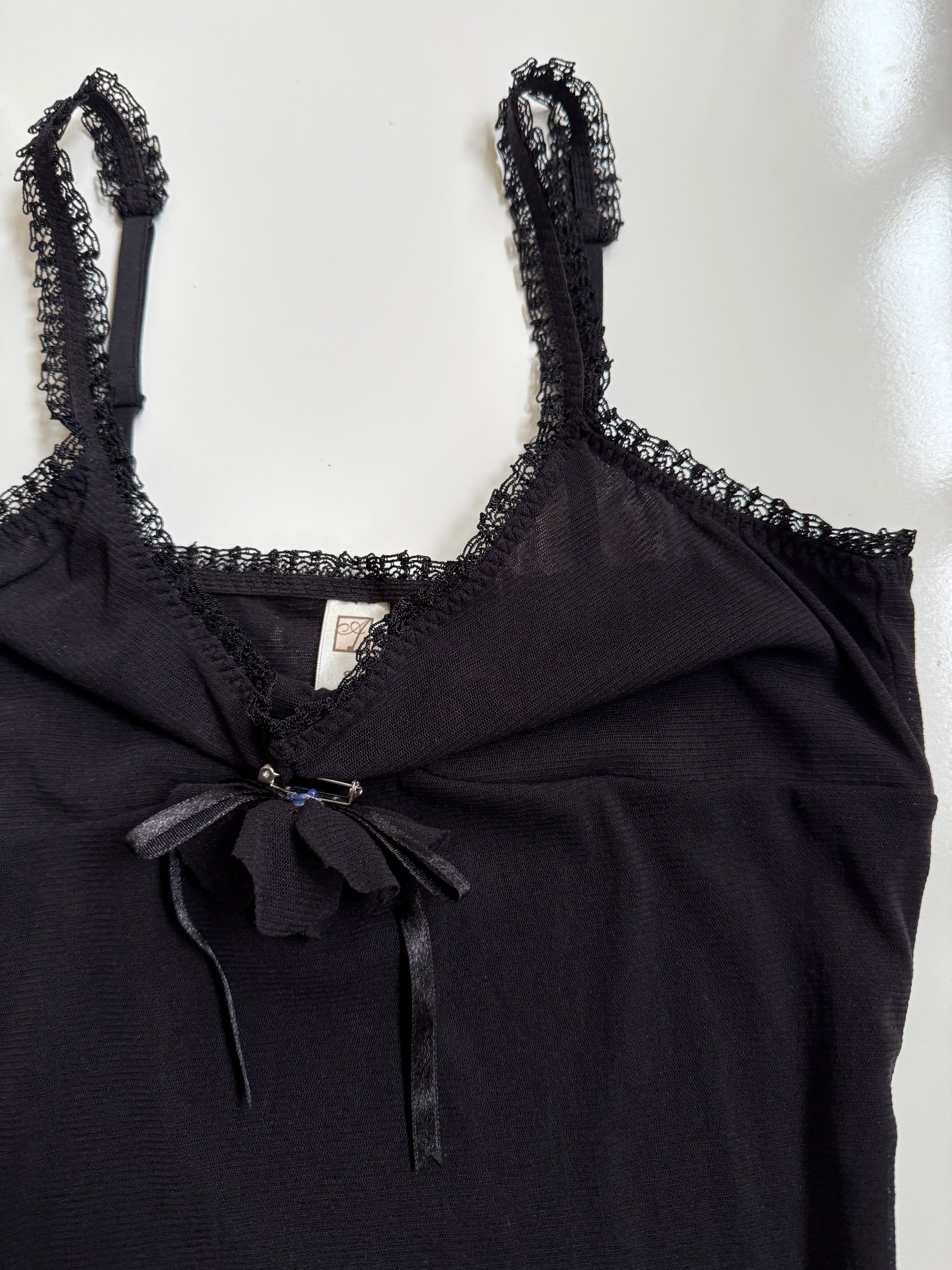 00's Black mesh cami w ribbon flower motif • Size S