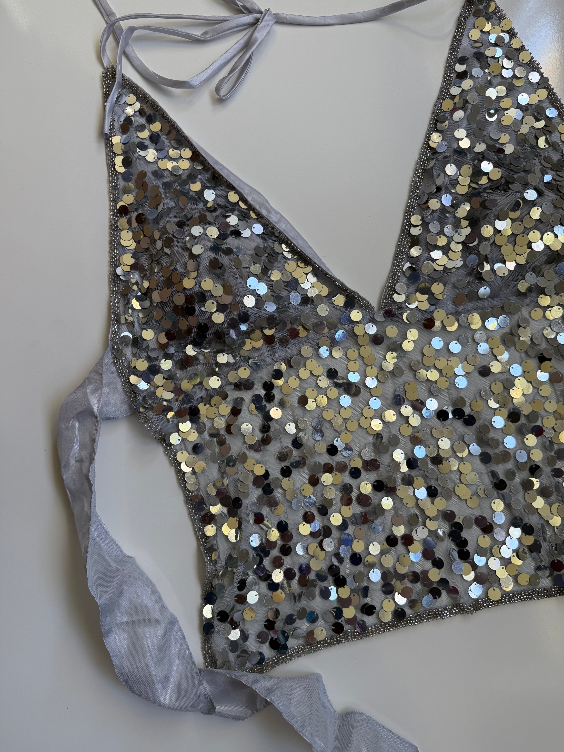 Deadstock 00's Cover Girl silver sequin backless halter • Size M/L