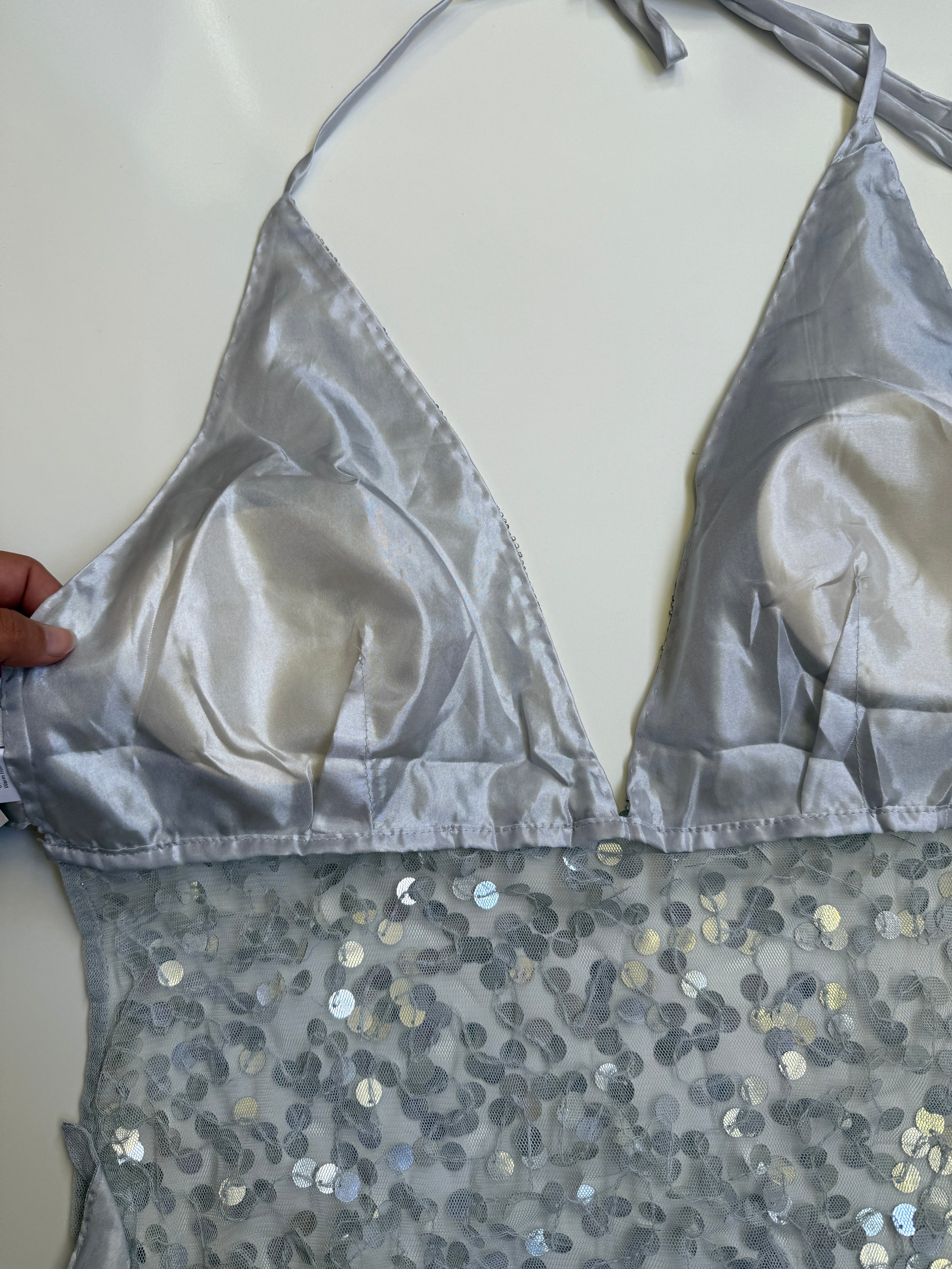 Deadstock 00's Cover Girl silver sequin backless halter • Size M/L