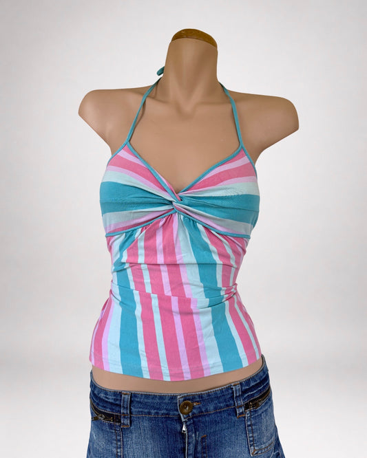 00's Pink/teal striped halter • Size S