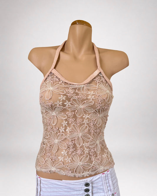 00's Tulle flower embroidered halter • Size S