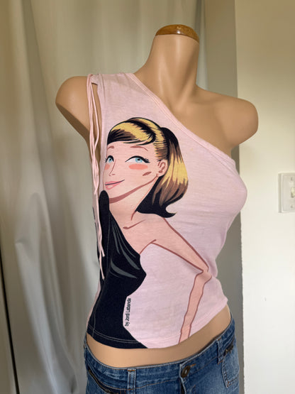 00s Zara Graphic print one shoulder top w tassels • Size S