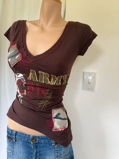 00's Army Chic print detail asym baby tee *Brown • Size M