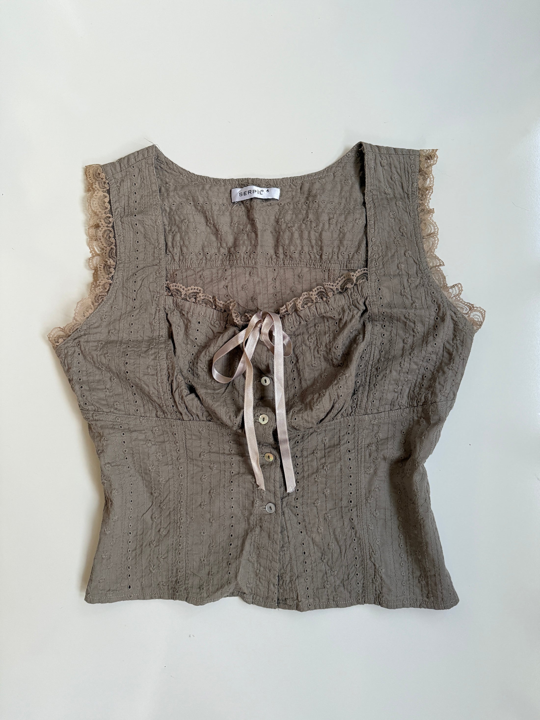 00's Serpil khaki milkmaid ribbon top • Size M