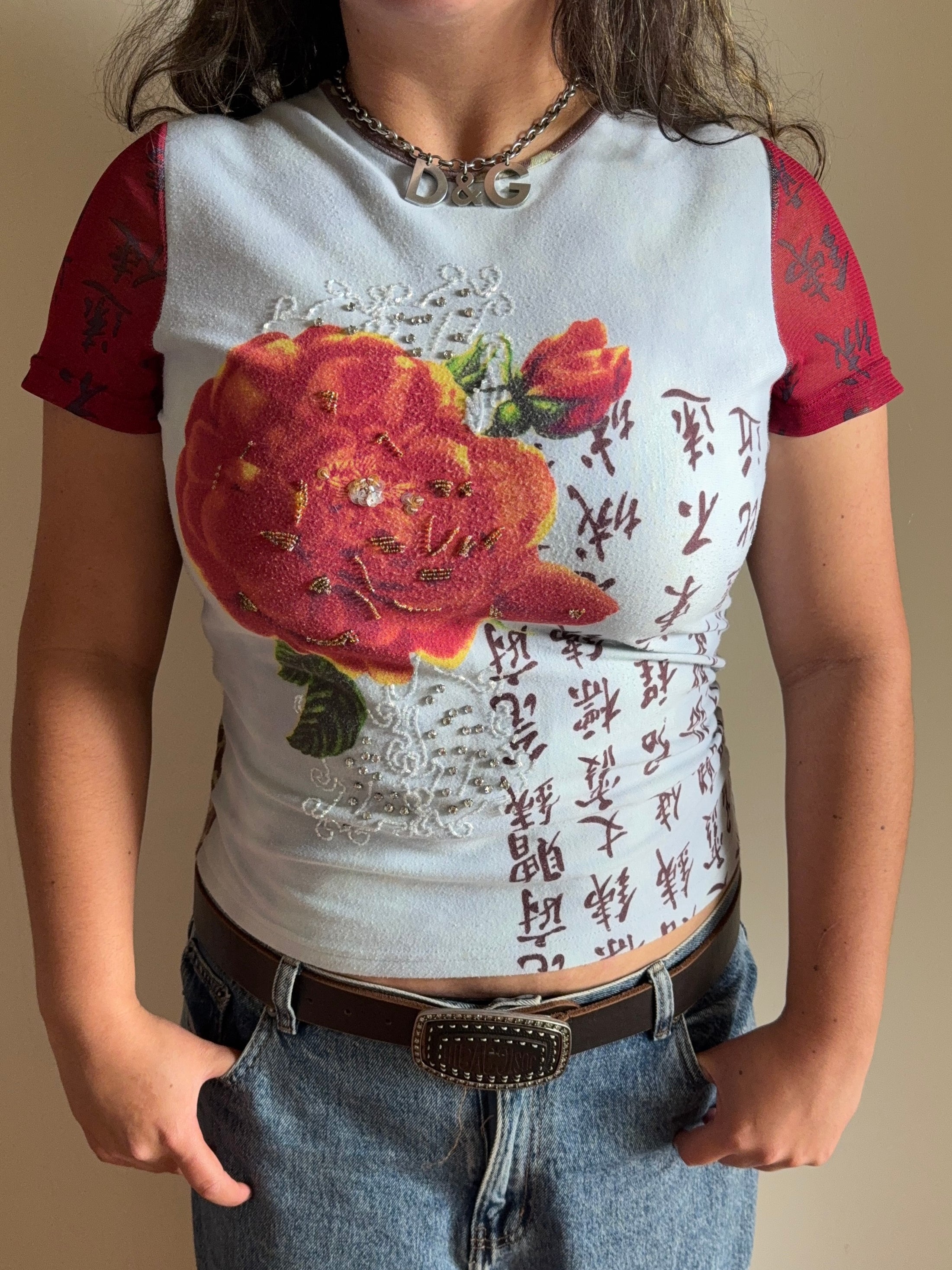 00's Chinese character print sequin baby tee w mesh sleeves  • Size XL