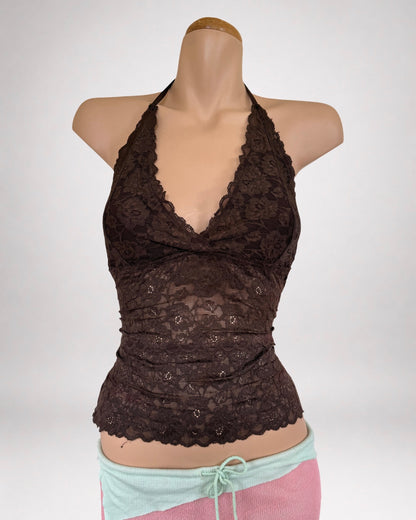 00's Brown lace halter top • Size M