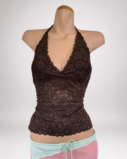 00's Brown lace halter top • Size M