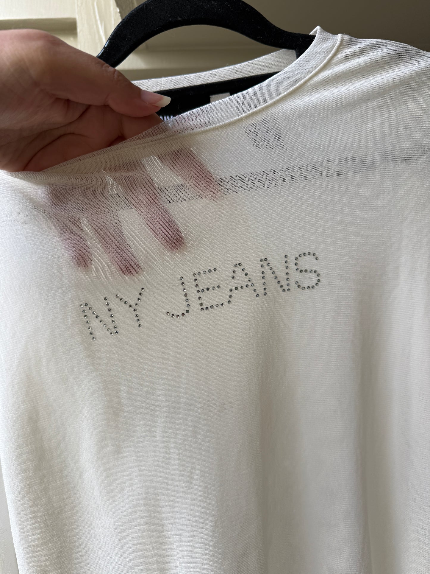 00's 'NY Jeans' diamante mesh longsleeve • Size S/M