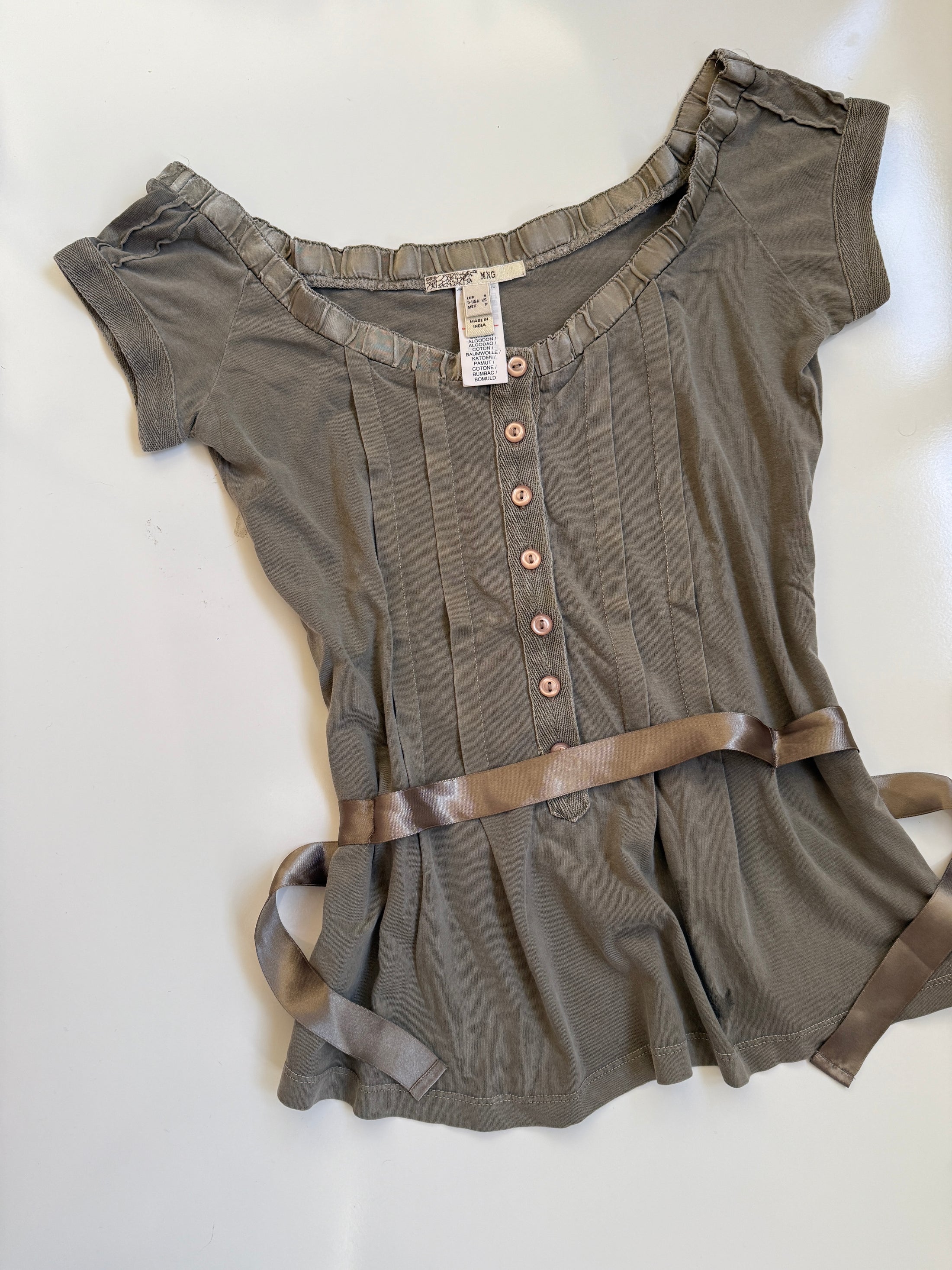 00's Mango khaki ribbon babydoll top • Size M