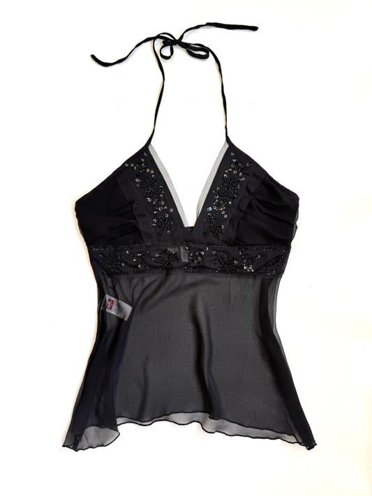 00's Mango sheer silk beaded halter *Black • Size M